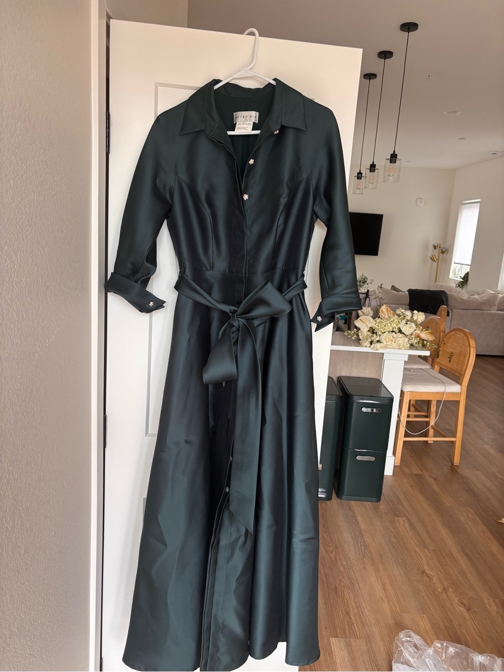 Dessy Collection Deep Emerald Satin Maxi Shirt Dress with Waist Sash